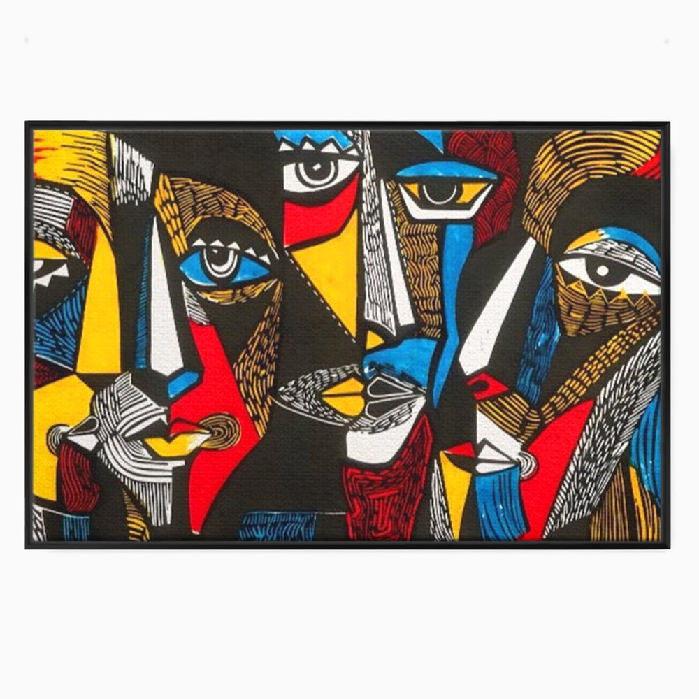 Tablou canvas cu tablou abstract cu fete colorate, in rama de aluminiu negru
